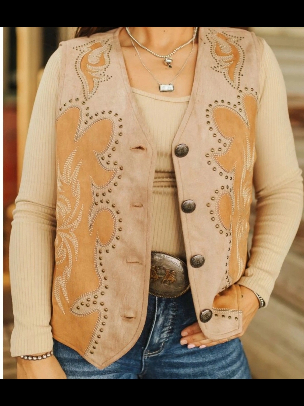 Lucky & Blessed Studded Suede Vest Western Inspired